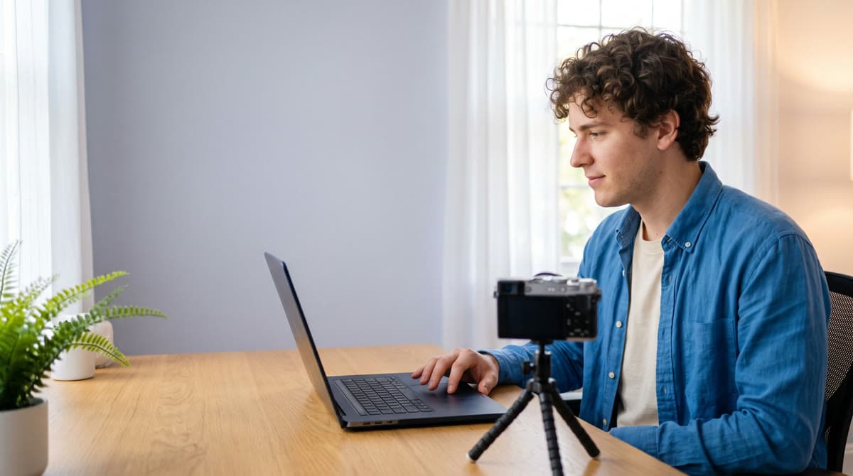 Tvůrce videí u stolu s fotoaparátem na malém stativu převádí svou nahrávku na titulky v notebooku.