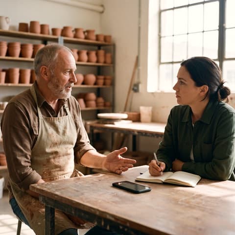 A potter talks with a journalist at his workshop table; a phone lies between them, recording.