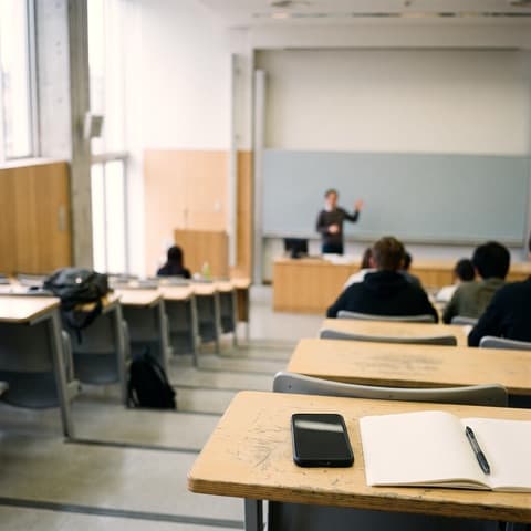 The view from the back row of a lecture hall: a phone lies on the desk, recording, next to an open notebook.