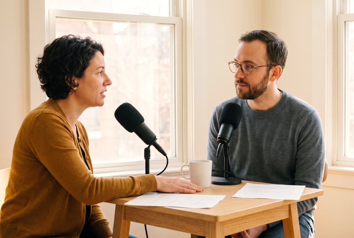 Two podcast hosts talk into microphones across a small wooden table by a sunny window.
