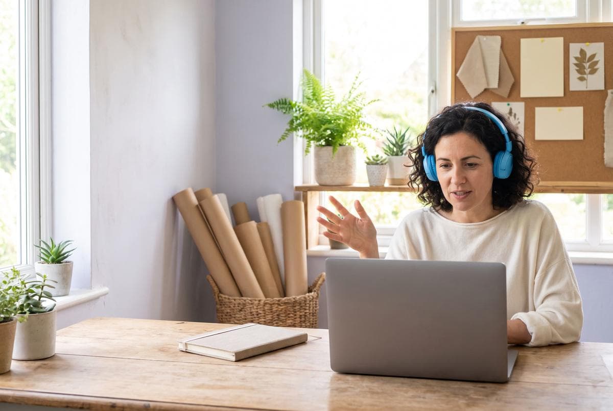 A designer with headphones talks on a video call at her studio desk, a basket of rolled plans beside her laptop.