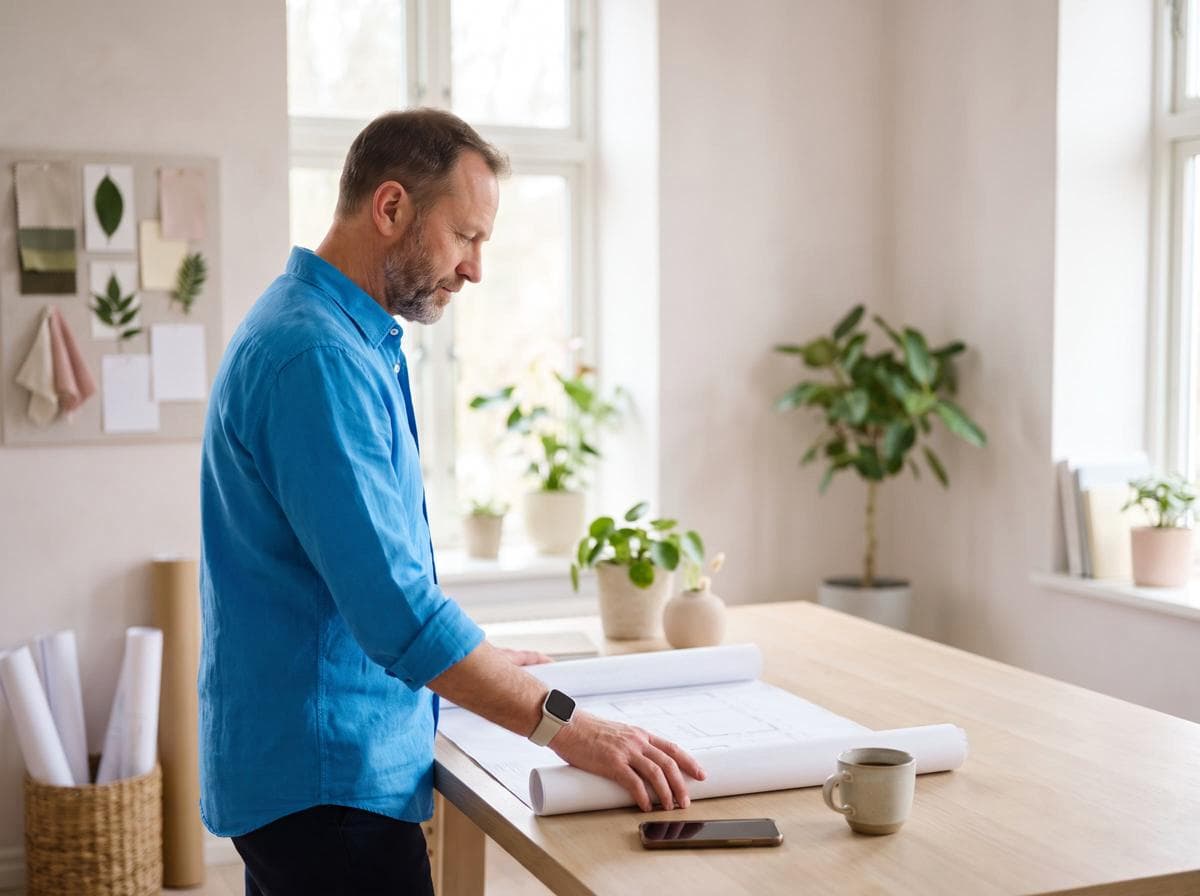 A designer in a blue shirt stands at a plan table, a smartwatch on his wrist and his phone face down by a coffee cup.