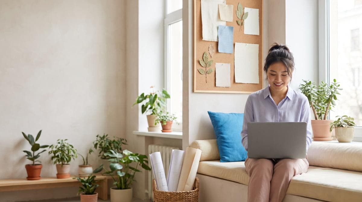 A designer on a window seat reads on her laptop, smiling, a blue cushion beside her and plants on the sill.