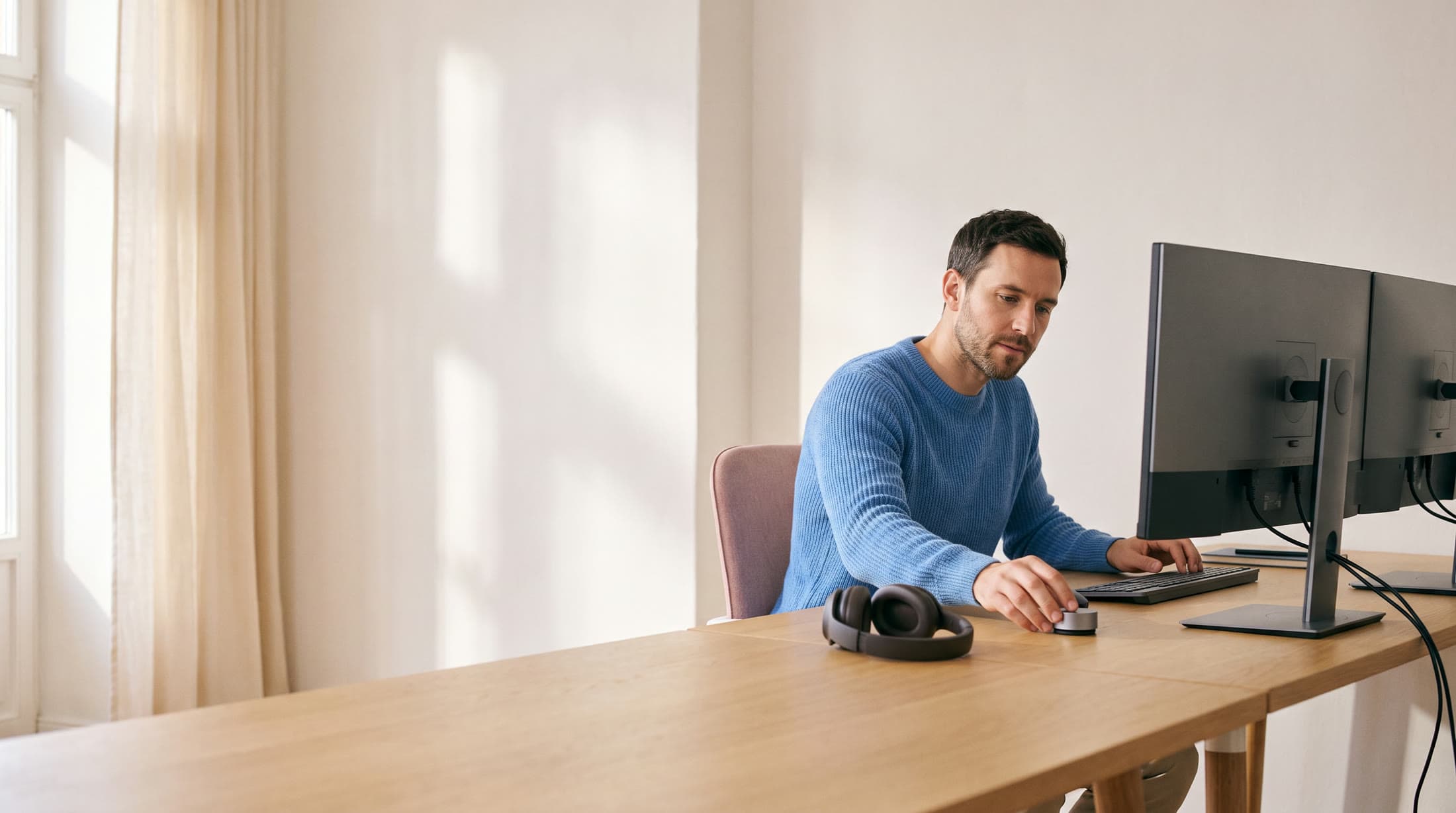 A video editor at his desk works through a recording on two monitors, ready to turn its speech into a subtitle file.