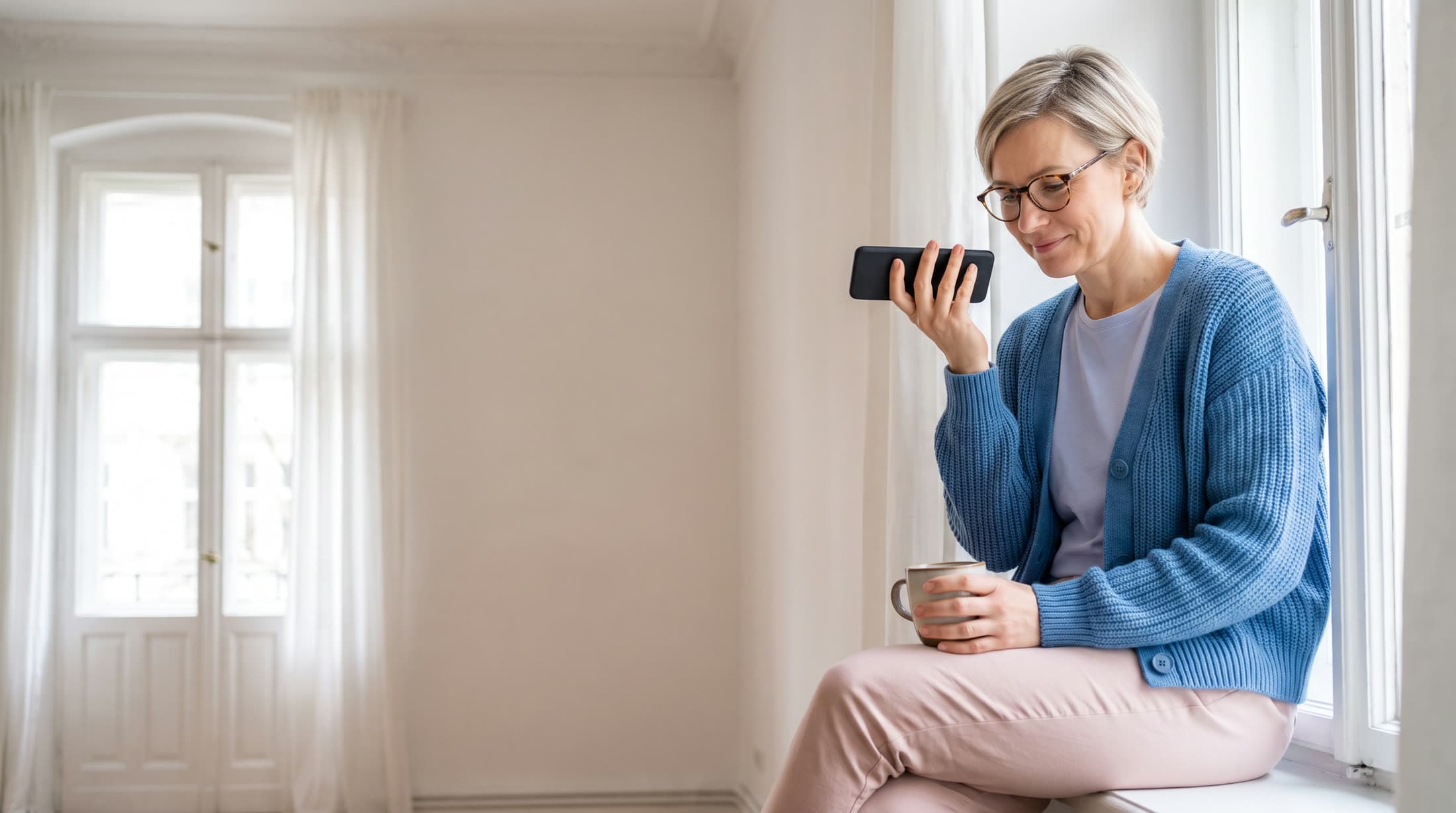 A woman on a window seat at home listens to a long voice message on her phone, coffee in her other hand.