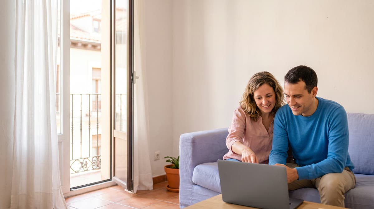 In a sunny Madrid flat with the balcony door open, two friends on a sofa watch a recorded talk on a laptop, each able to follow it in their own language.