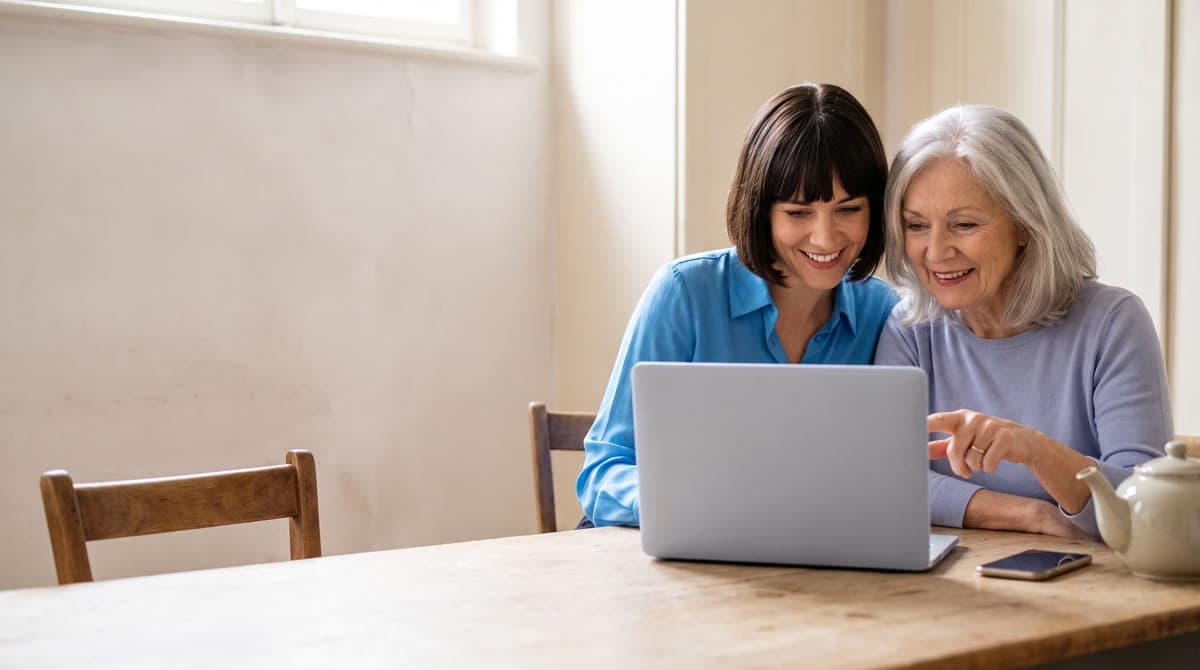 At a kitchen table, a woman and her mother smile over a translated voice message on a laptop, the phone lying beside the teapot.