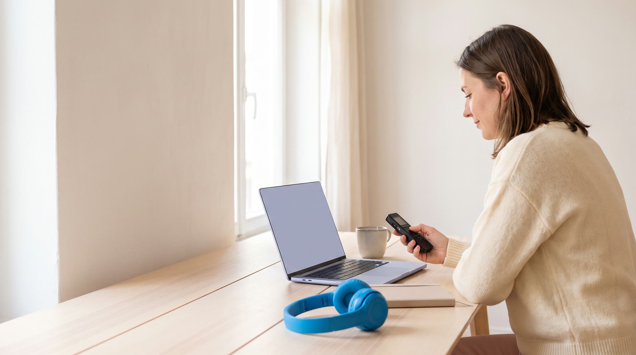 A woman checks a voice recorder at her desk before transcribing it, headphones and laptop beside her.