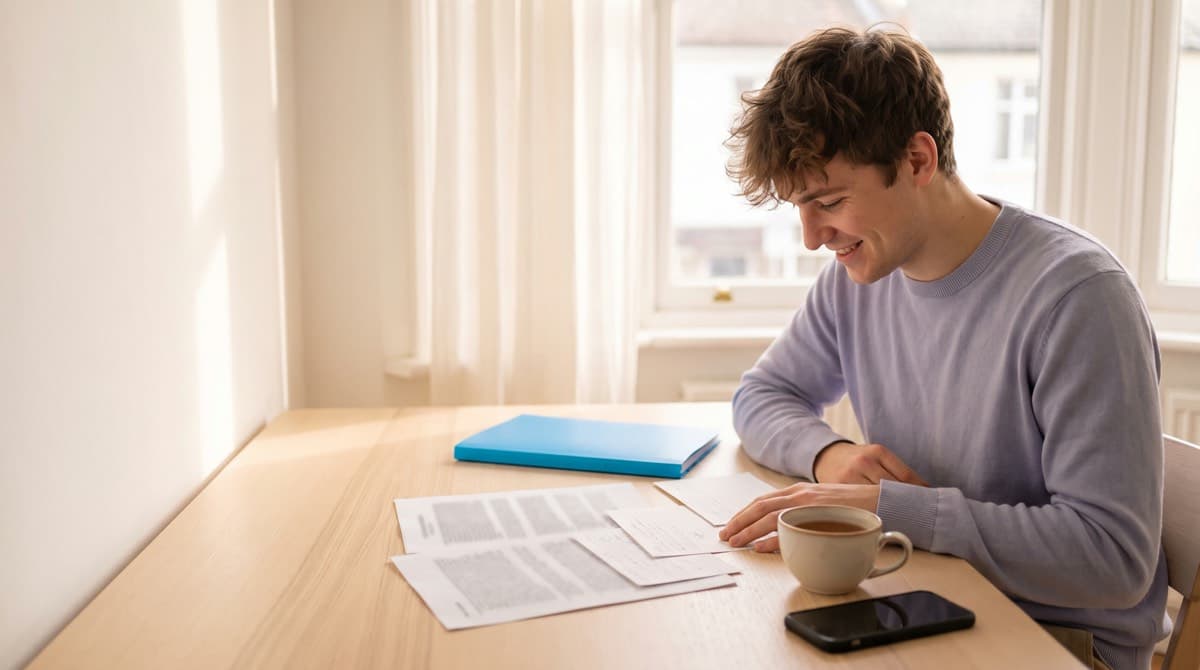 A student smiles over a printed summary and study cards made from a recording.