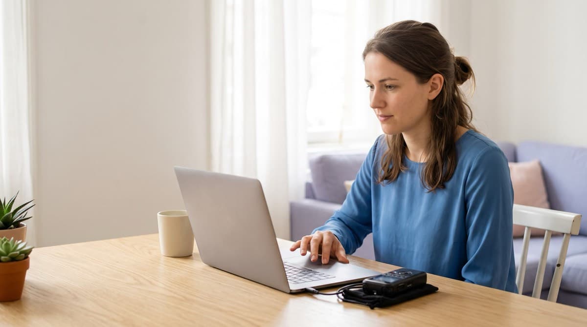 A woman uploads a recording from her voice recorder to her laptop.
