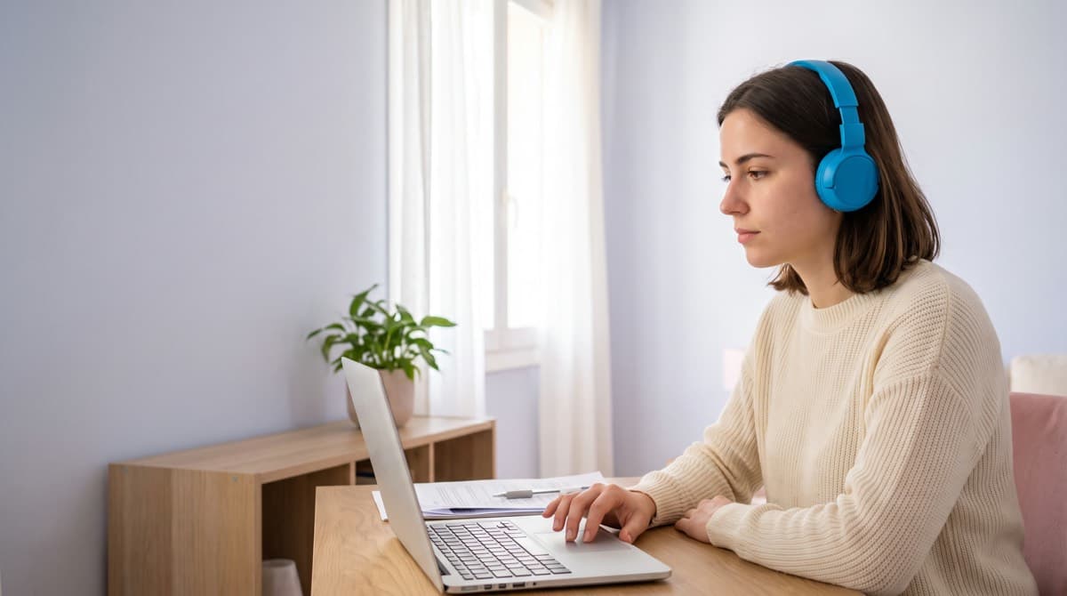 A woman in headphones listens back and corrects a transcript on her laptop.