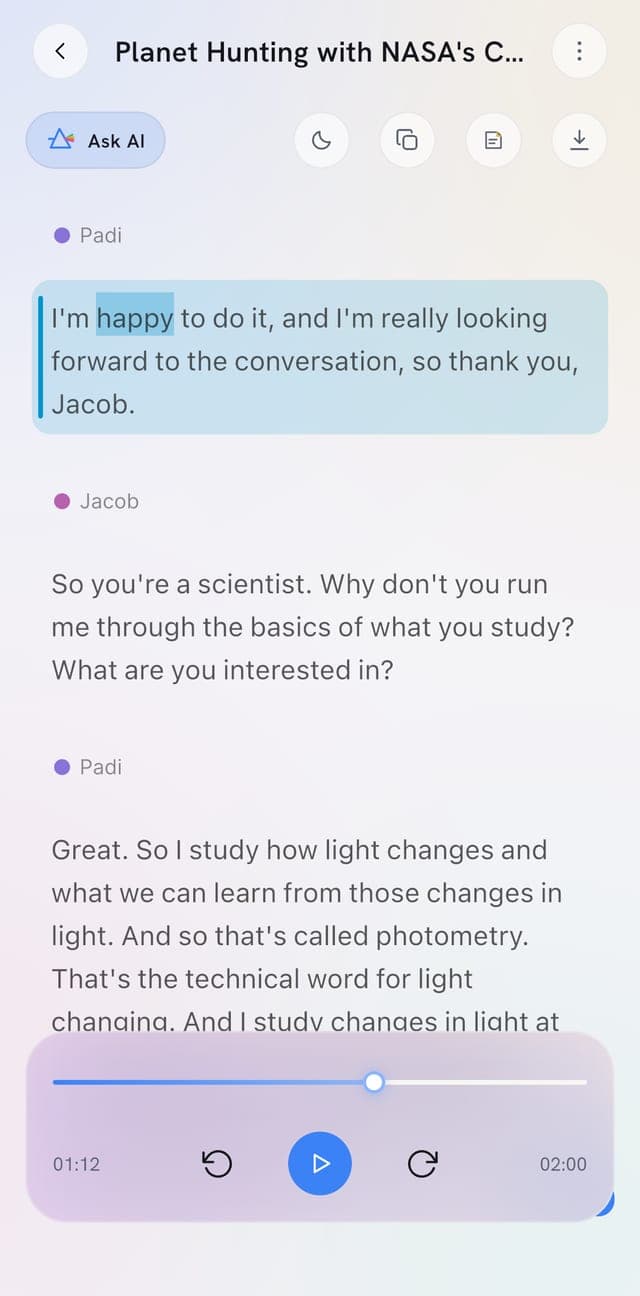 The PrismaScribe iPhone app showing a transcript with labeled speakers and a player.