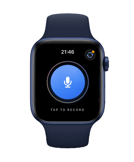 Aplikace pro Apple Watch s tlačítkem mikrofonu, připravená k nahrávání.