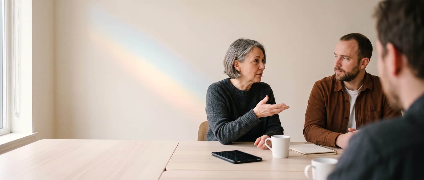 In a quiet meeting room, a woman with grey hair explains a point while a colleague listens; a phone lies on the table between them, recording. Soft bands of light fall on the wall.