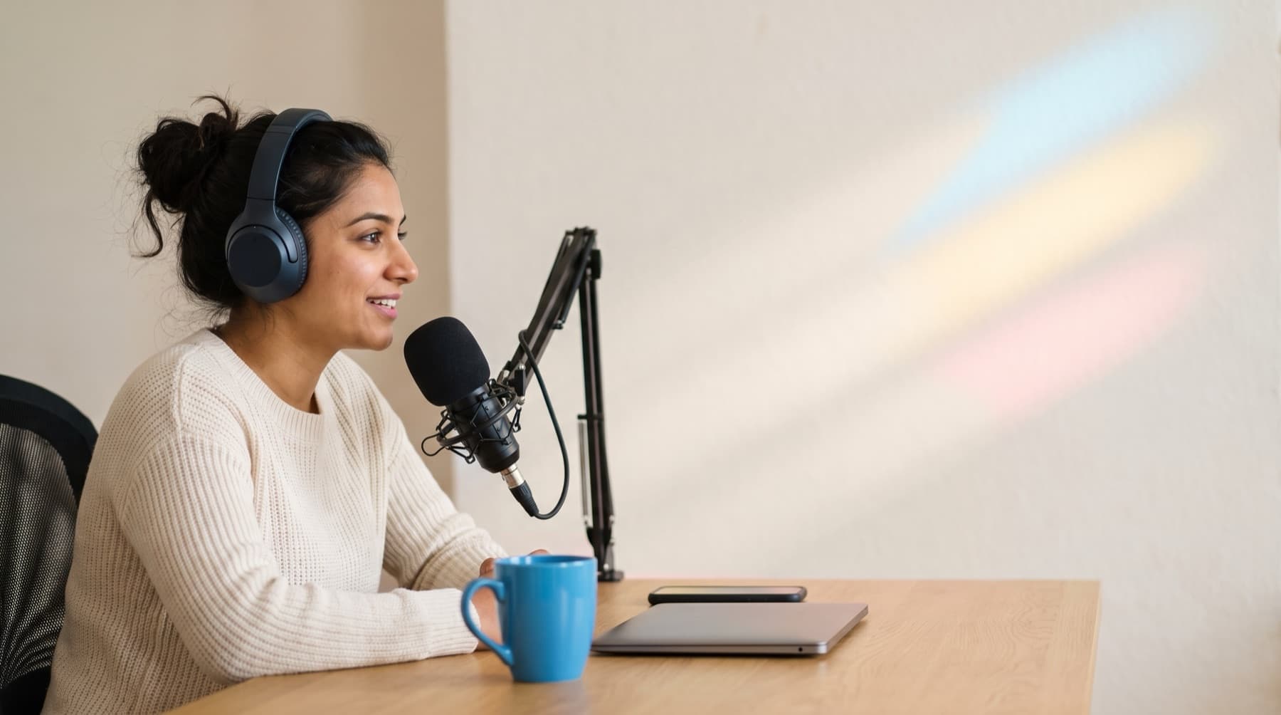 A podcaster in headphones talks into a microphone in a bright room while three soft bands of blue, gold and pink light fall across the wall beside her.