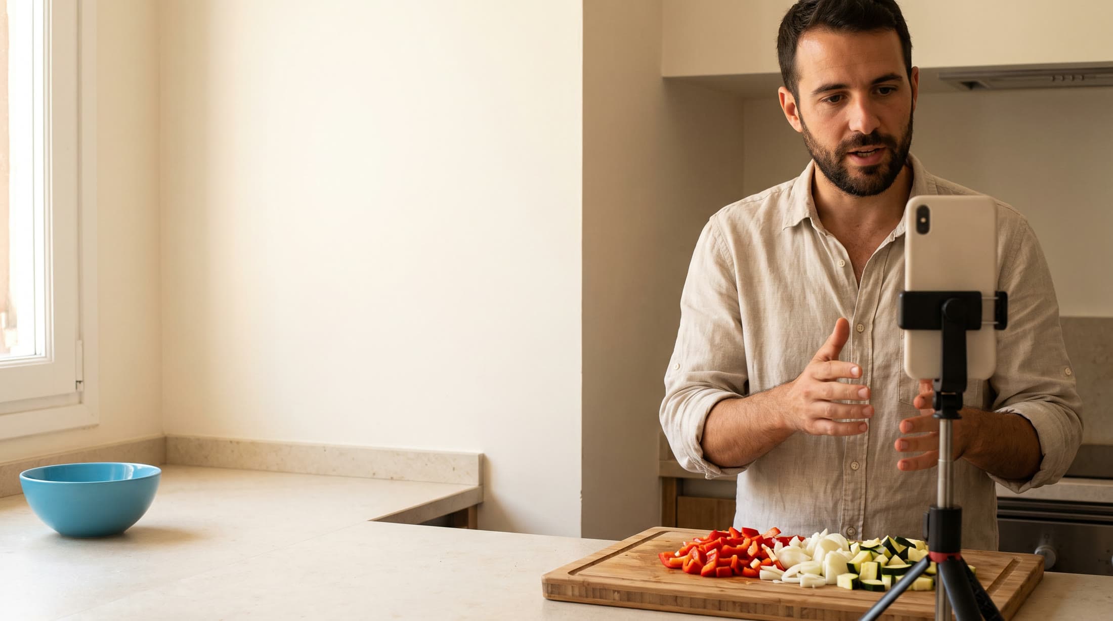 A home cook films himself talking to a phone on a small tripod at his kitchen counter.