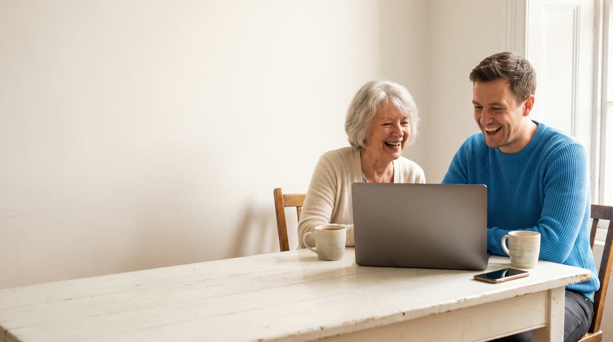 A grandmother and her grandson laugh over a translated transcript on a laptop at the kitchen table.