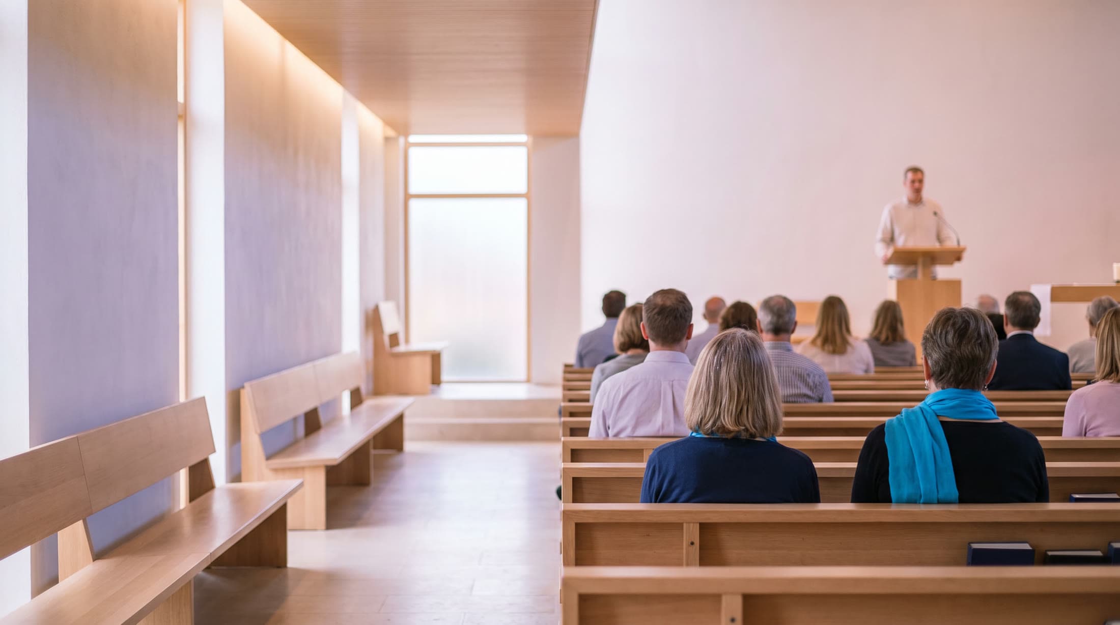 Set fra bagerst i en lys kirke: Folk på de forreste kirkebænke lytter til en prædikant ved en pult af træ, ved siden af tomme bænke og midtergangen.