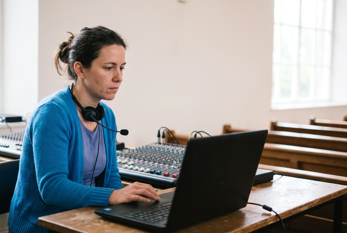 En frivillig med headset arbejder på en bærbar ved lydpulten bagerst i en kirke, med et mixerbord ved siden af sig og tomme bænke bagved.