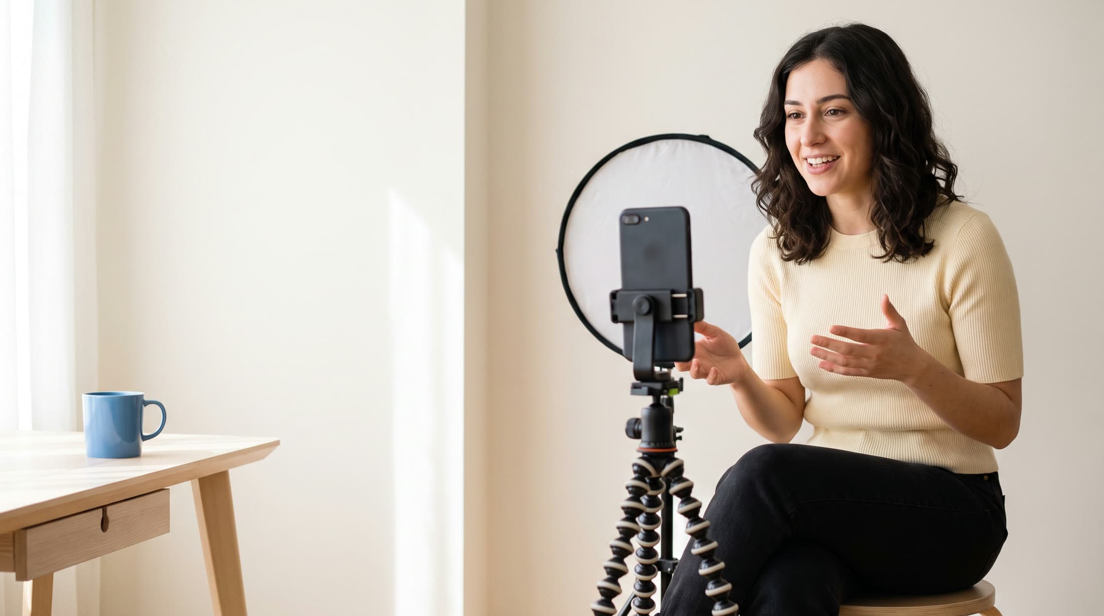 A creator films herself talking to a phone on a small tripod in her bright home studio.