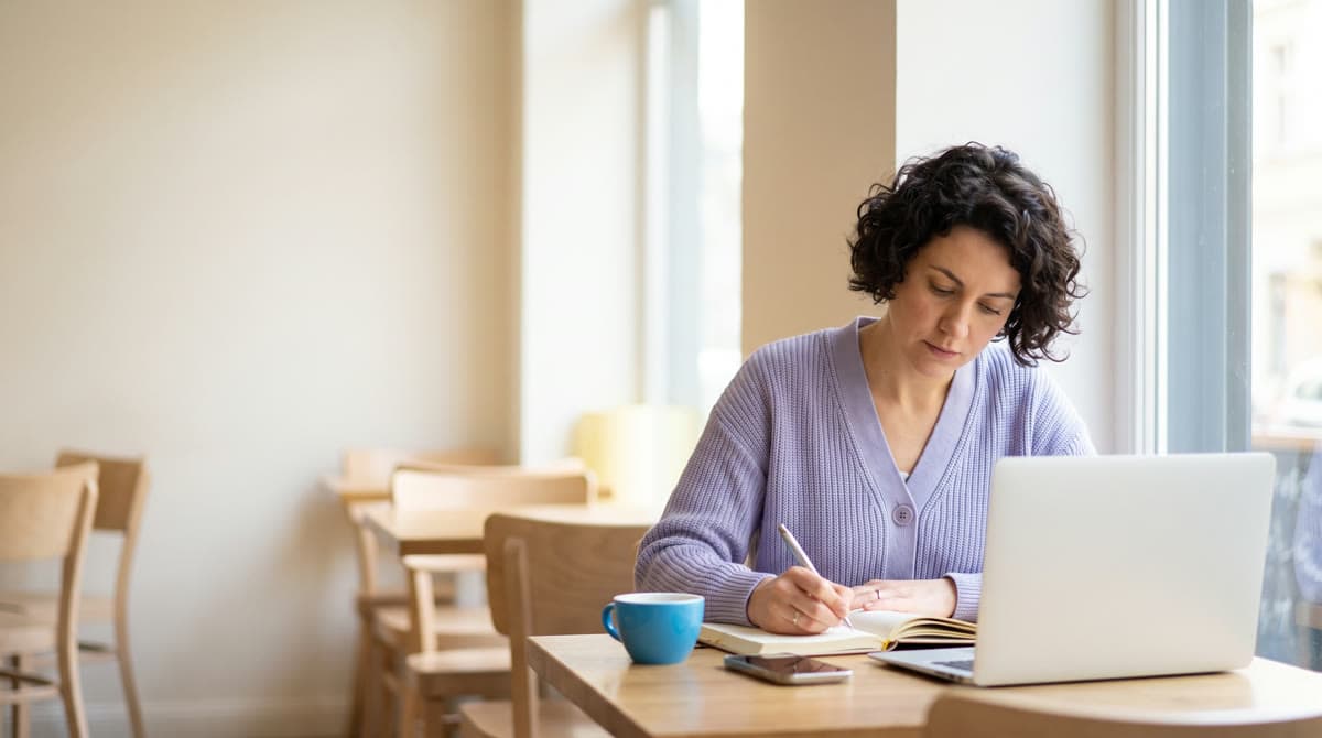 A creator at a café table drafts a post in her notebook, her laptop beside her.