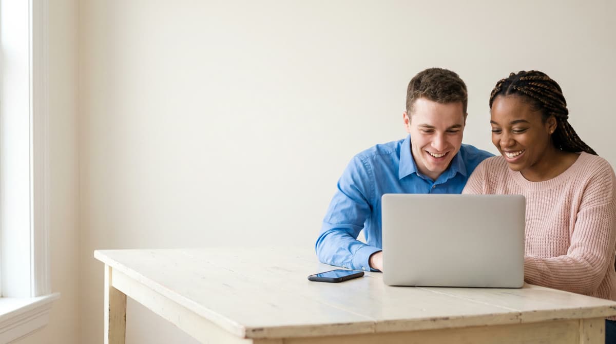 Two friends at a table laugh over a translated transcript on a laptop.