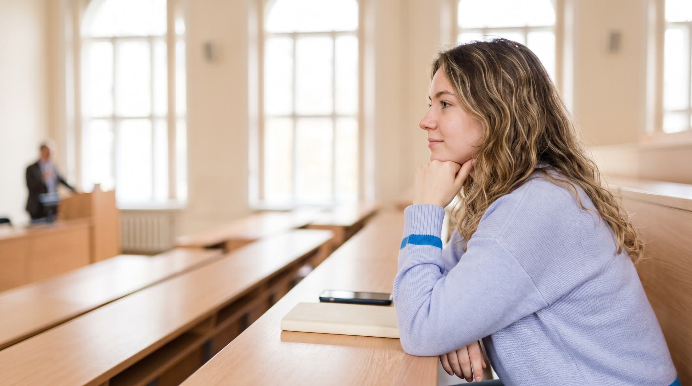 Studentka ve světlé posluchárně poslouchá s bradou opřenou o dlaň, na lavici má telefon a zápisník a vpředu v dálce stojí přednášející.