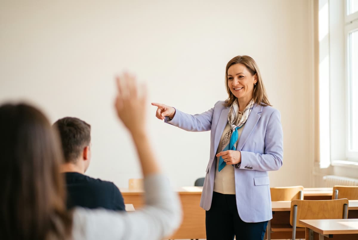 Vyučující vpředu v seminární místnosti se usmívá a ukazuje na studentku se zvednutou rukou.