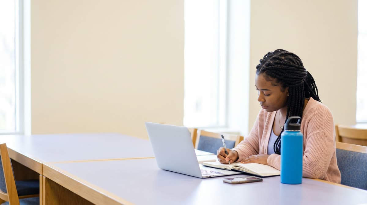 A student at a library table takes notes from a recorded lecture on her laptop.