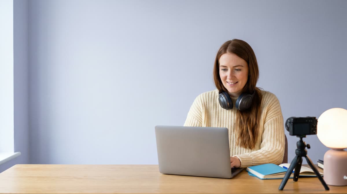 A video maker at her home desk prepares subtitles for her own video on her laptop.