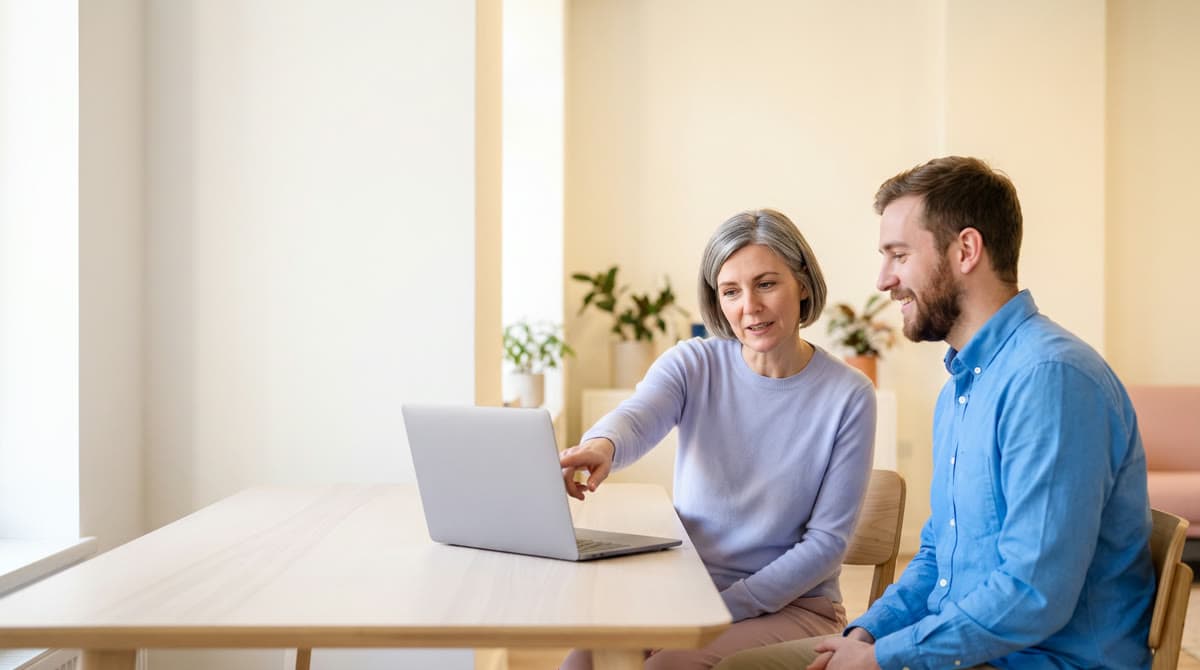 Two colleagues at a table go through a translated transcript of a talk on a laptop.